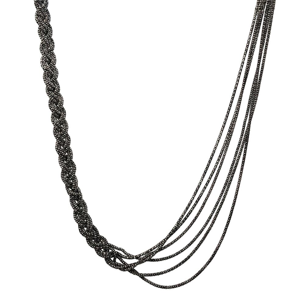 Multi Layered Half Braid Necklace Gunmetal Silver Chain Long Asymmetric Style